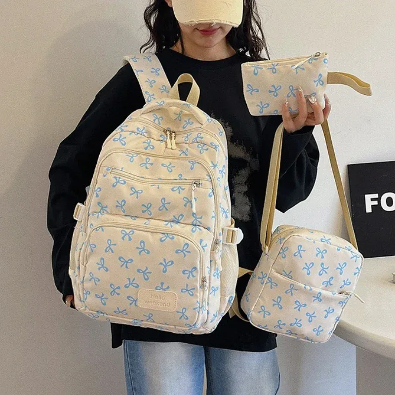 sac à dos tendance coréen pour femmes, imprimé nœud, léger, simple, pour étudiants, sac d'école, sangle réglable, sac à dos de voyage, 3 pièces/ensemble