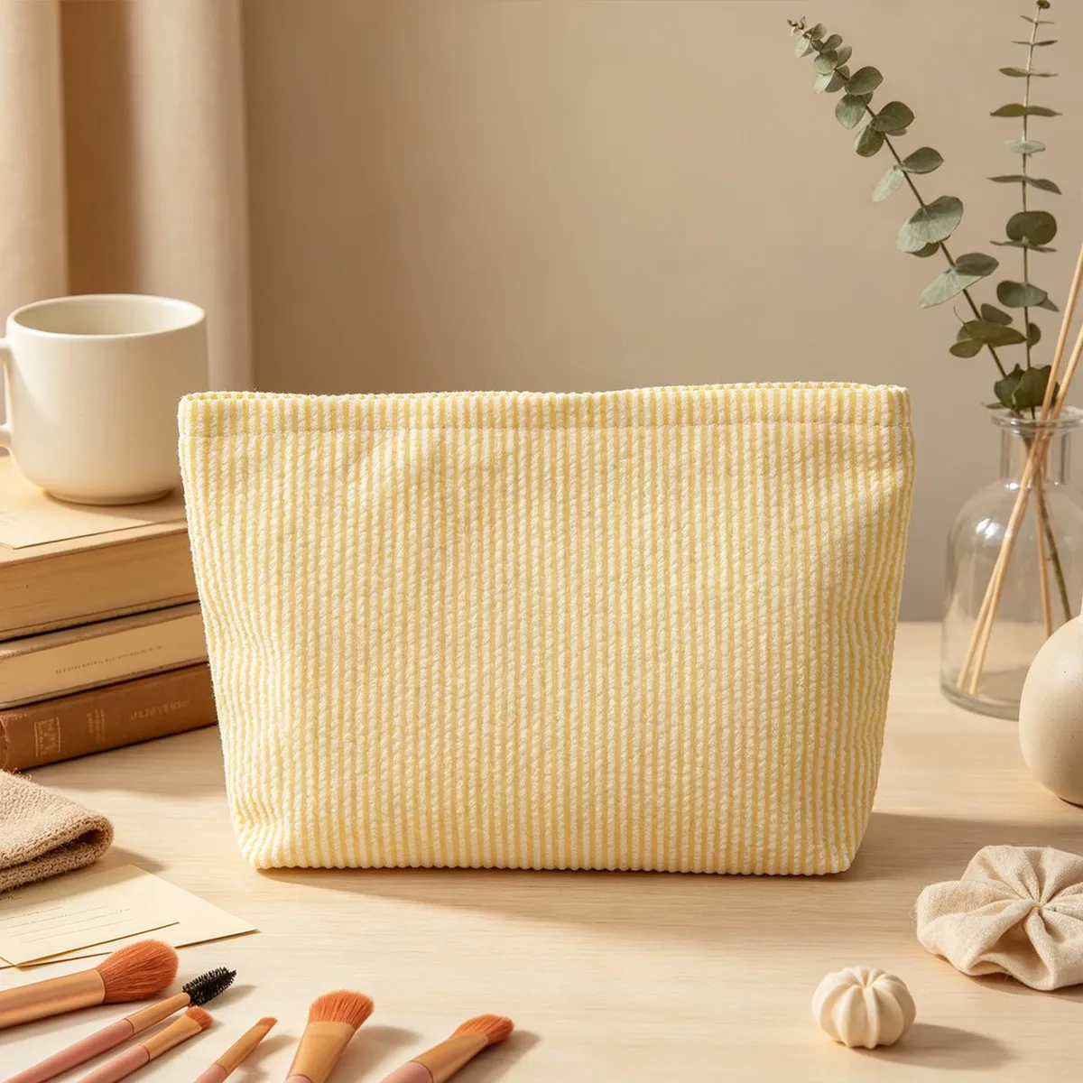 pochette à maquillage personnalisée en seersucker, pochette cosmétique en chenille avec nom, trousse de toilette de voyage, cadeau pour elle