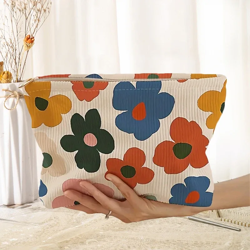 trousse de maquillage florale pour femme, organisateur de maquillage coréen brodé, pochette cosmétique de voyage, trousse de toilette en velours côtelé et toile, étui de beauté
