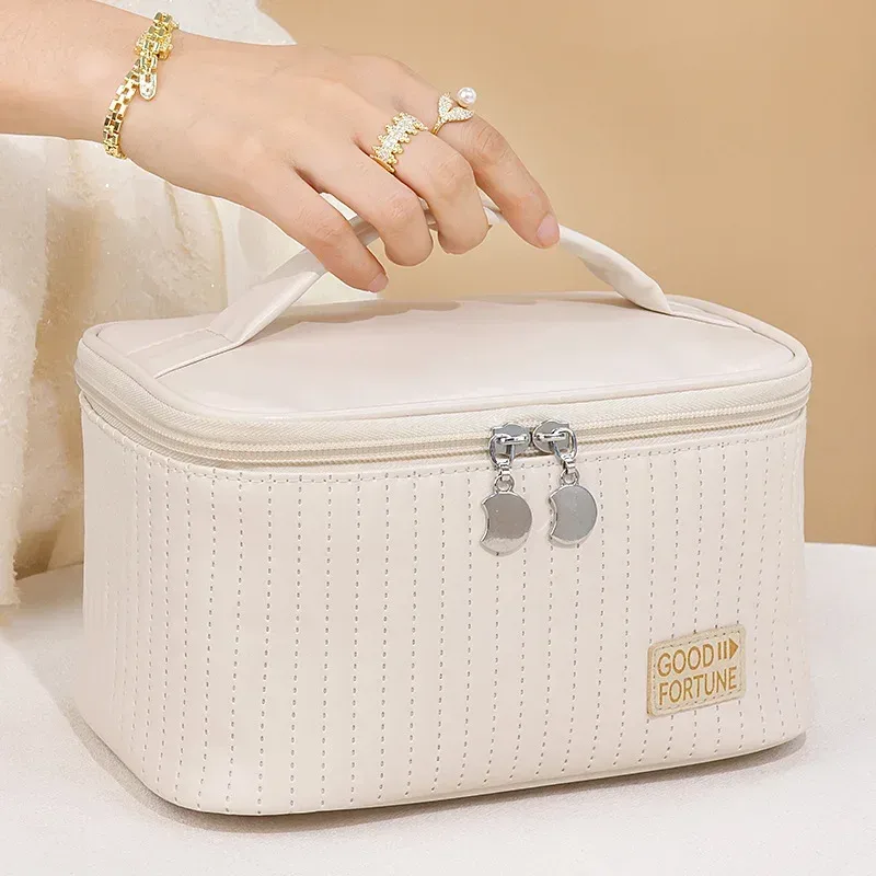trousse de maquillage pratique, trousse de toilette portative de couleur unie en pu, sac de rangement de cosmétiques, rangement de voyage de grande capacité wj032