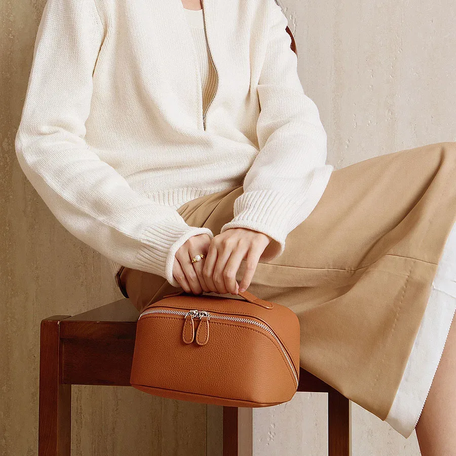 sac à cosmétiques en cuir véritable, design classique, multifonction, trousse de toilette de voyage, portable, simple, organiseur pour femmes, sac à main, trousse de maquillage