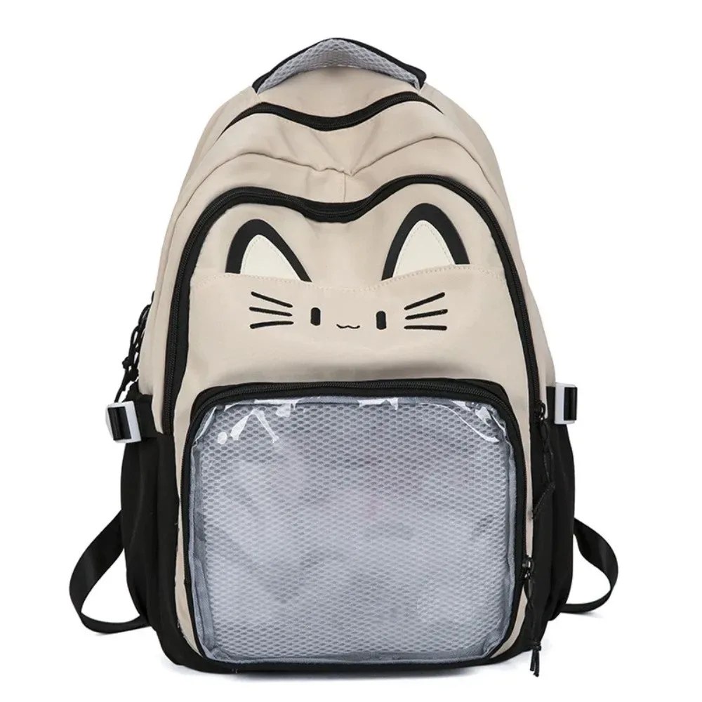 sac ita brodé tendance style preppy grande capacité poche transparente sac à dos étudiant chat mignon pour femme