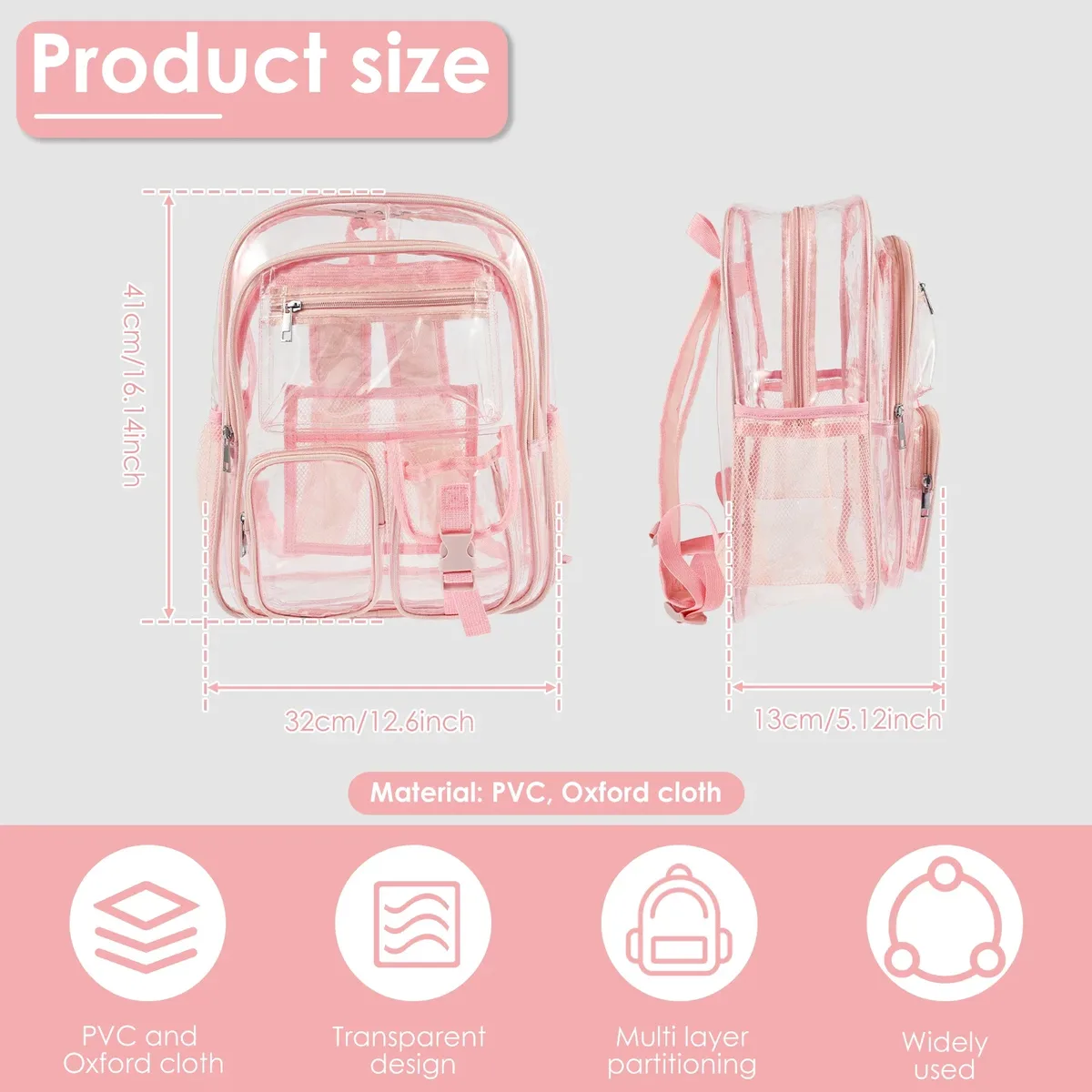 sac à dos transparent en pvc multi-poches, avec bretelles élargies, grande capacité, sac à dos de sport tendance pour étudiants