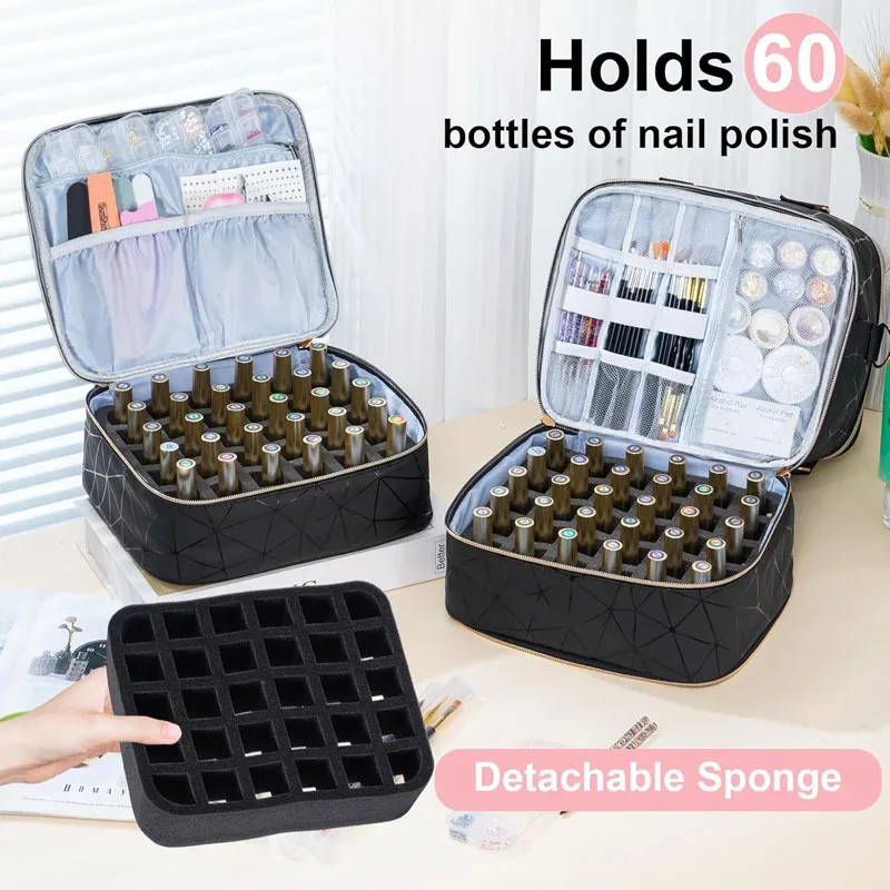 sac organisateur de vernis à ongles à 3 couches, capacité de 60 flacons, en pu imperméable, portable, étui de rangement pour manucure, sac organisateur de maquillage détachable
