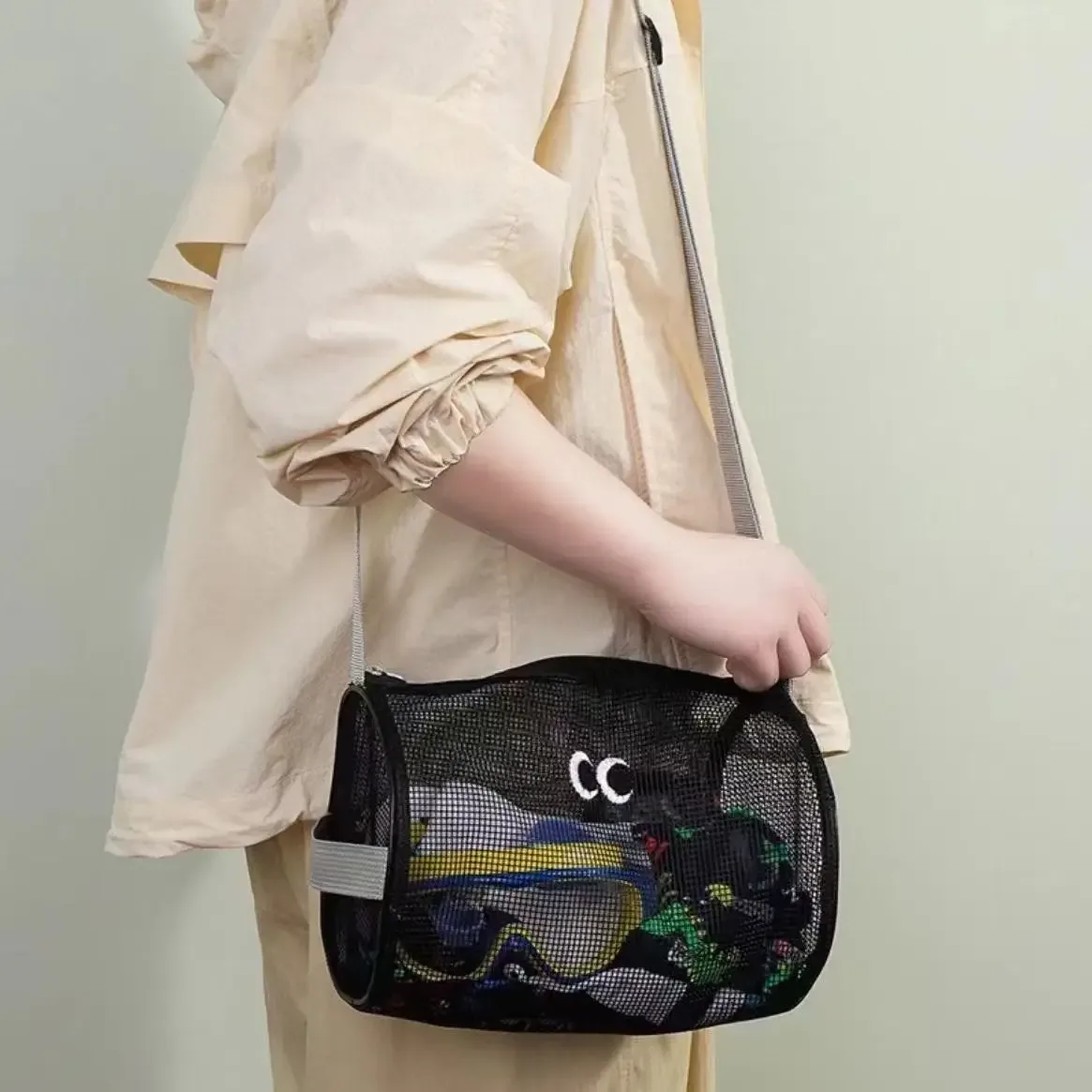 sac de rangement en maille cylindrique de grande capacité, sac de toilette à bandoulière ou à main, sac de rangement pour cosmétiques, organisateur de voyage