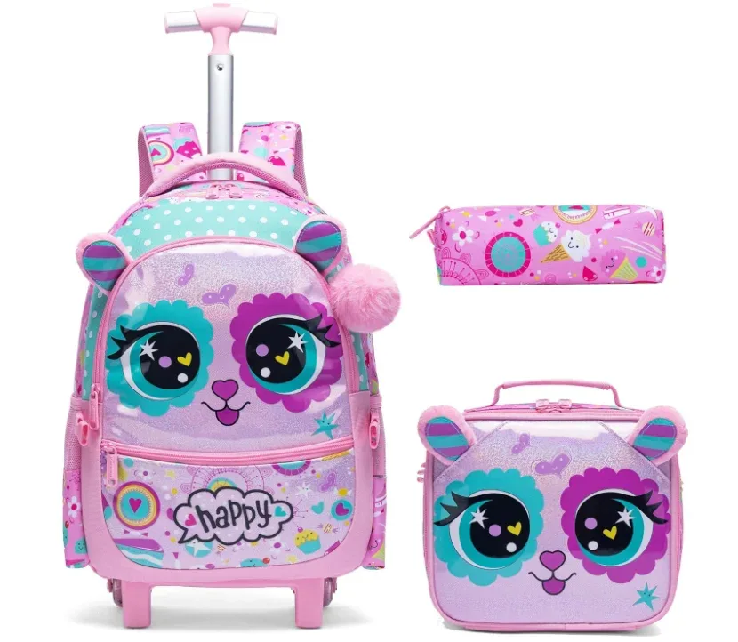 sac à dos de voyage pour enfants, sac à dos d'école à roulettes pour filles, bagages de voyage 3 en 1, valise à main avec sac à déjeuner