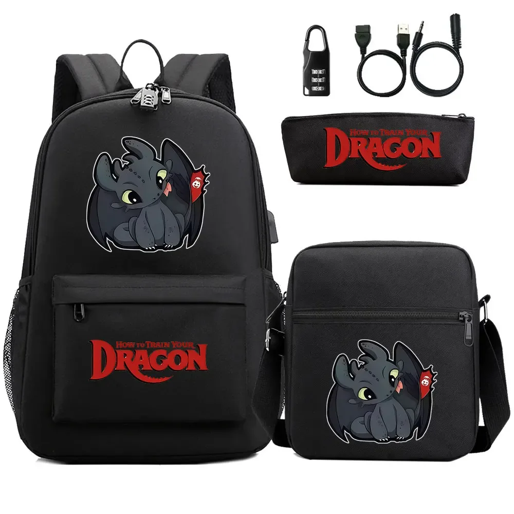 comment entraîner votre dragon 3 pièces usb antivol serrure garçon fille enfants retour à l'école livre sacs voyage sac à dos sac à bandoulière sacs à stylos