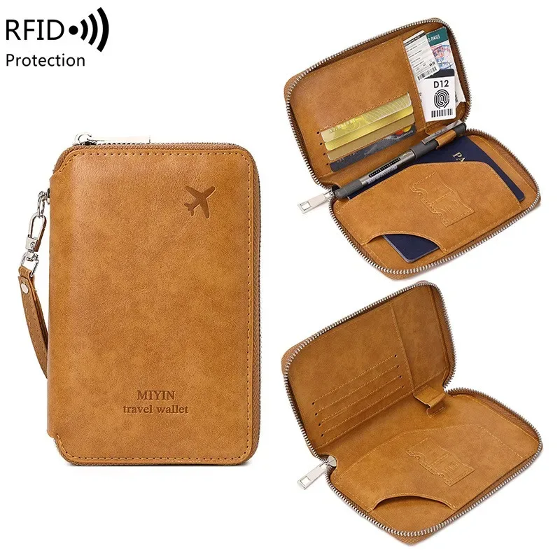 Porte-passeport RFID minimaliste et élégant, accessoire de voyage multifonctionnel en cuir PU, porte-passeport, porte-monnaie, unisexe