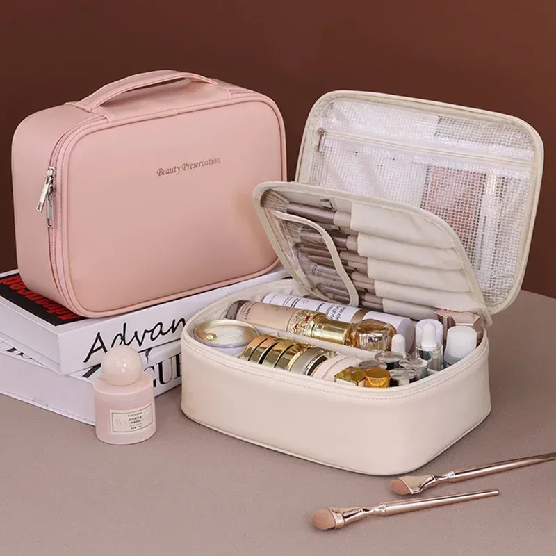 sac de maquillage fourre-tout de luxe en pu pour femmes, grande capacité, organisateur de voyage portable, sac de rangement de cosmétiques, pochette double couche pour dames