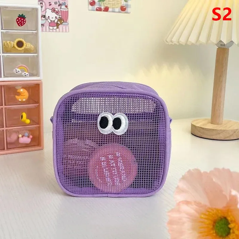 trousse de maquillage portable kawaii, sac cosmétique en maille, sac de rangement de produits de toilette, poudres de maquillage, grands yeux mignons, nouveau document de bonbons