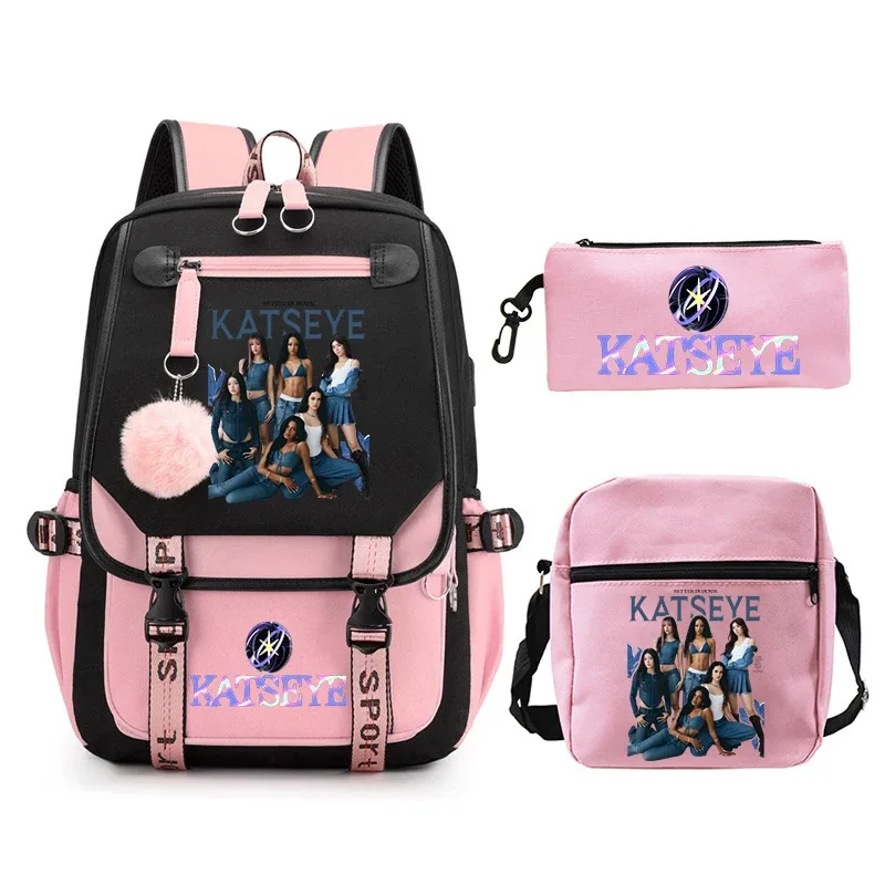 sac à dos imprimé katseye kpop pour adolescentes, ensemble de trousses à crayons, sac à dos d'école pour étudiantes, mochila de voyage pour femmes, 3 pièces
