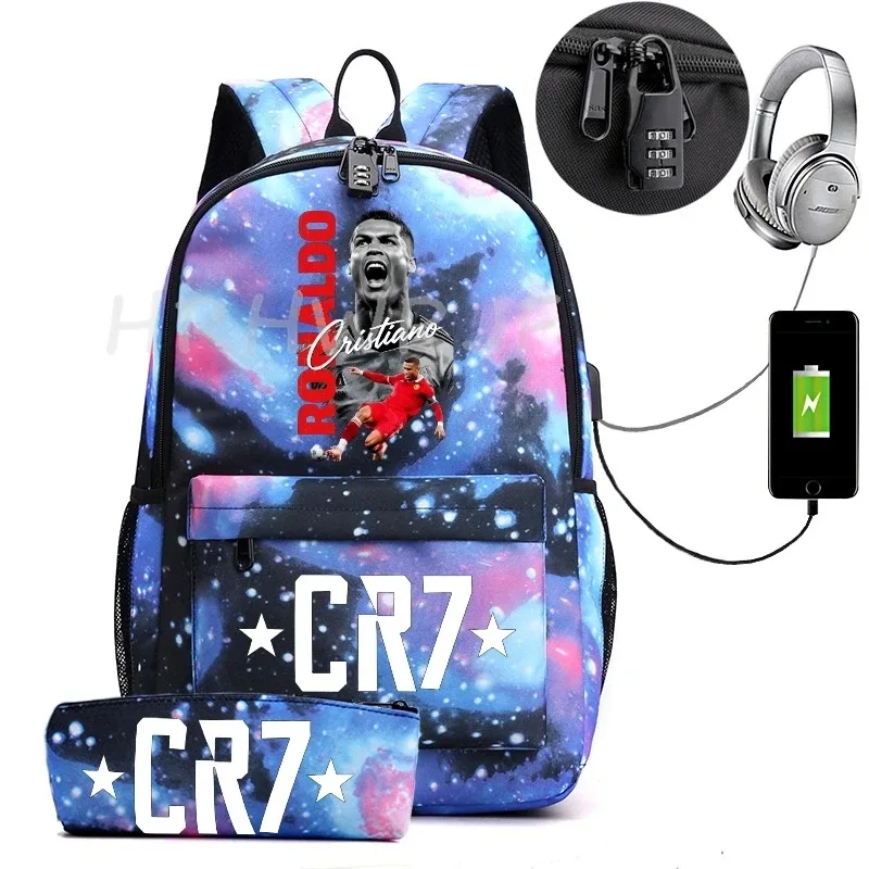 sac à dos usb cr7 pour femmes et hommes, sac à dos de voyage décontracté anti-vol, sacs d'école pour adolescents avec capacité pour ordinateur portable, avec trousse à crayons, 2 pièces