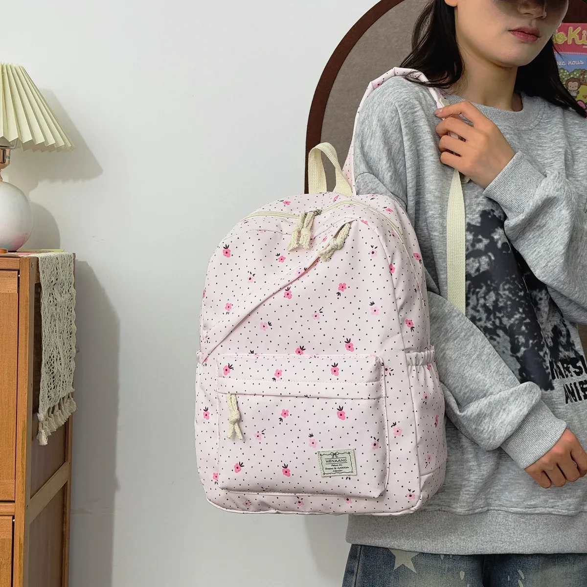 sac à dos pour fille à pois et fleurs, léger, grande capacité, multifonctionnel, pour étudiants, campus et extérieur