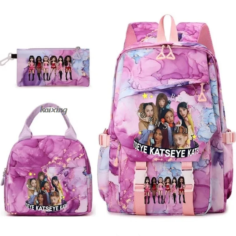 nouveaux sacs à dos katseye à imprimé amusant, 3 pièces/ensemble, sac d'école pour étudiants, sac de voyage pour adolescents, filles et garçons, sacs à lunch, sac à dos