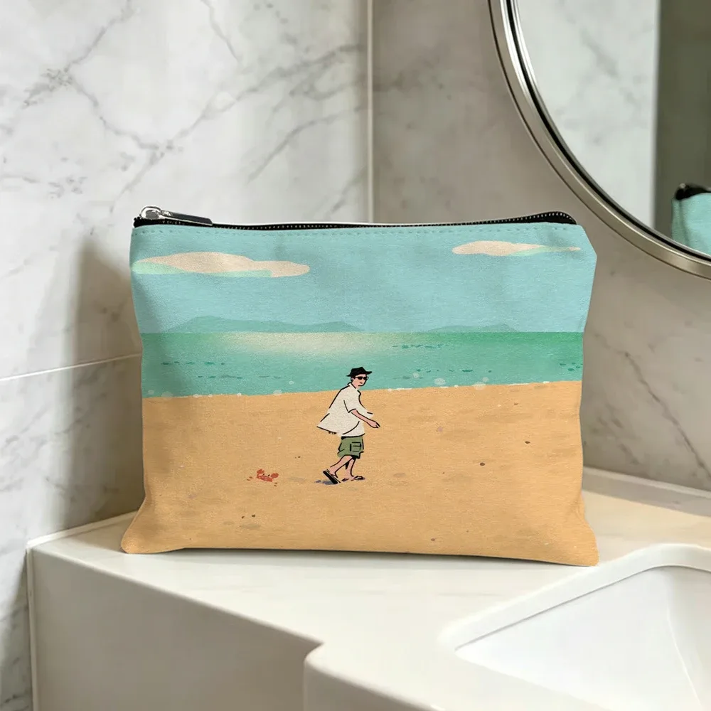 trousse de maquillage en toile sur le thème de la plage, pochette cosmétique de voyage avec fermeture éclair, organisateur de toilette portable pour femmes et filles.