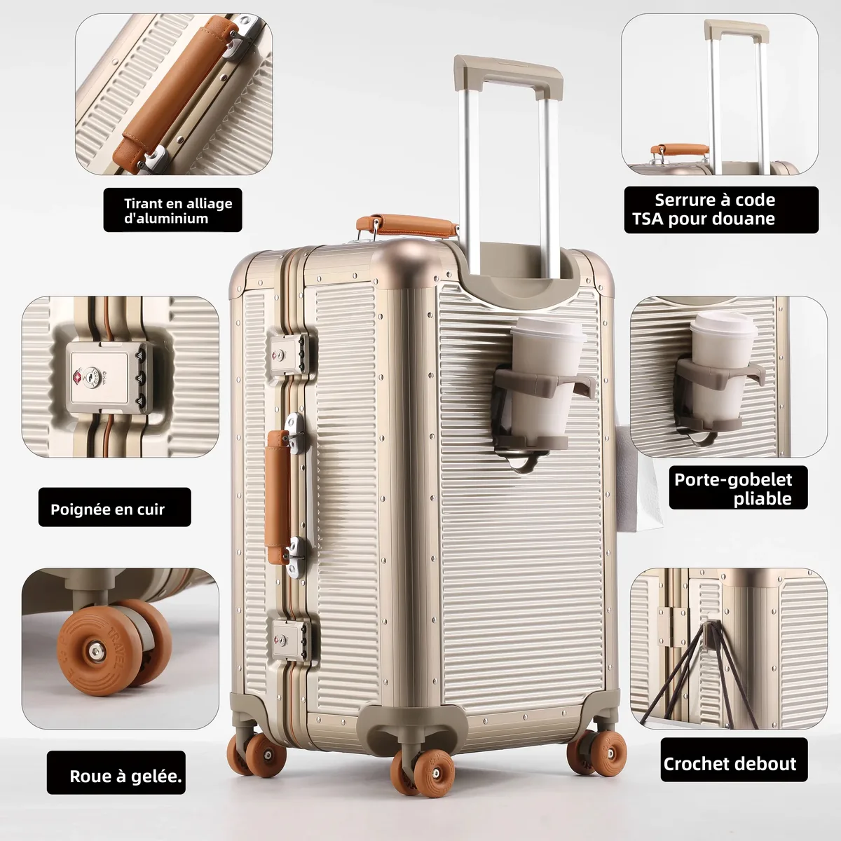 valise en aluminium avec cadre pc, 20/24/28 pouces, grande capacité 3:7, roues silencieuses en gel, serrure tsa, sac de voyage, porte-gobelet et crochet