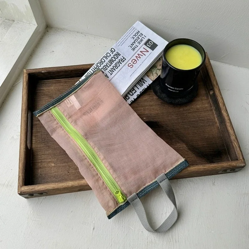sac de rangement en nylon à maille translucide, sac d'identité, billet de voyage, ligne de données, rangement de stylos, sac à cosmétiques portable mince et pliable, trousse à crayons