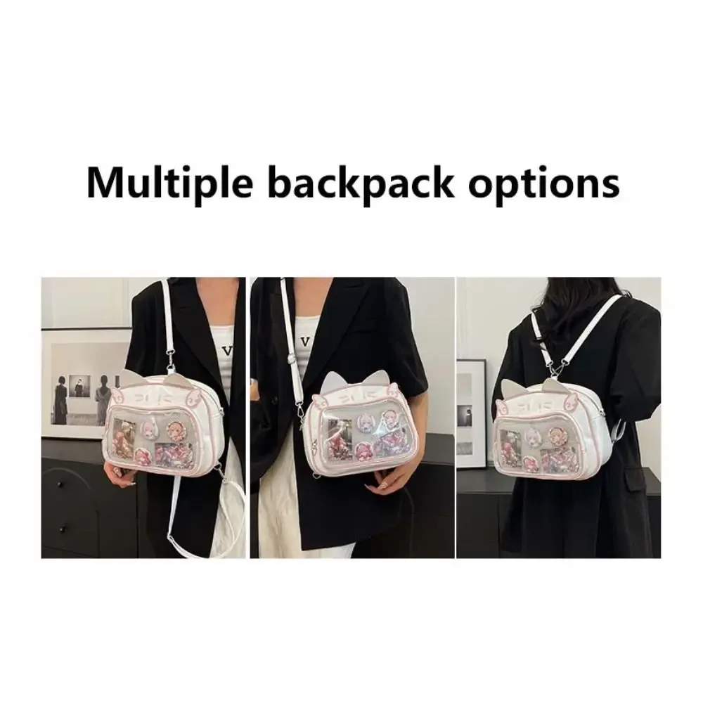 sac à fermeture éclair mignon, itabag chat kawaii, sac en coton pu, poche transparente, sac pour petits objets, sac de rangement pour badges, sacs à dos tendance pour filles