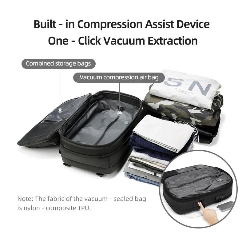 sac à dos de voyage pour homme avec pompe de compression à un clic, sac à dos pour ordinateur portable, randonnée, affaires, 17 pouces, sac à dos scolaire extensible