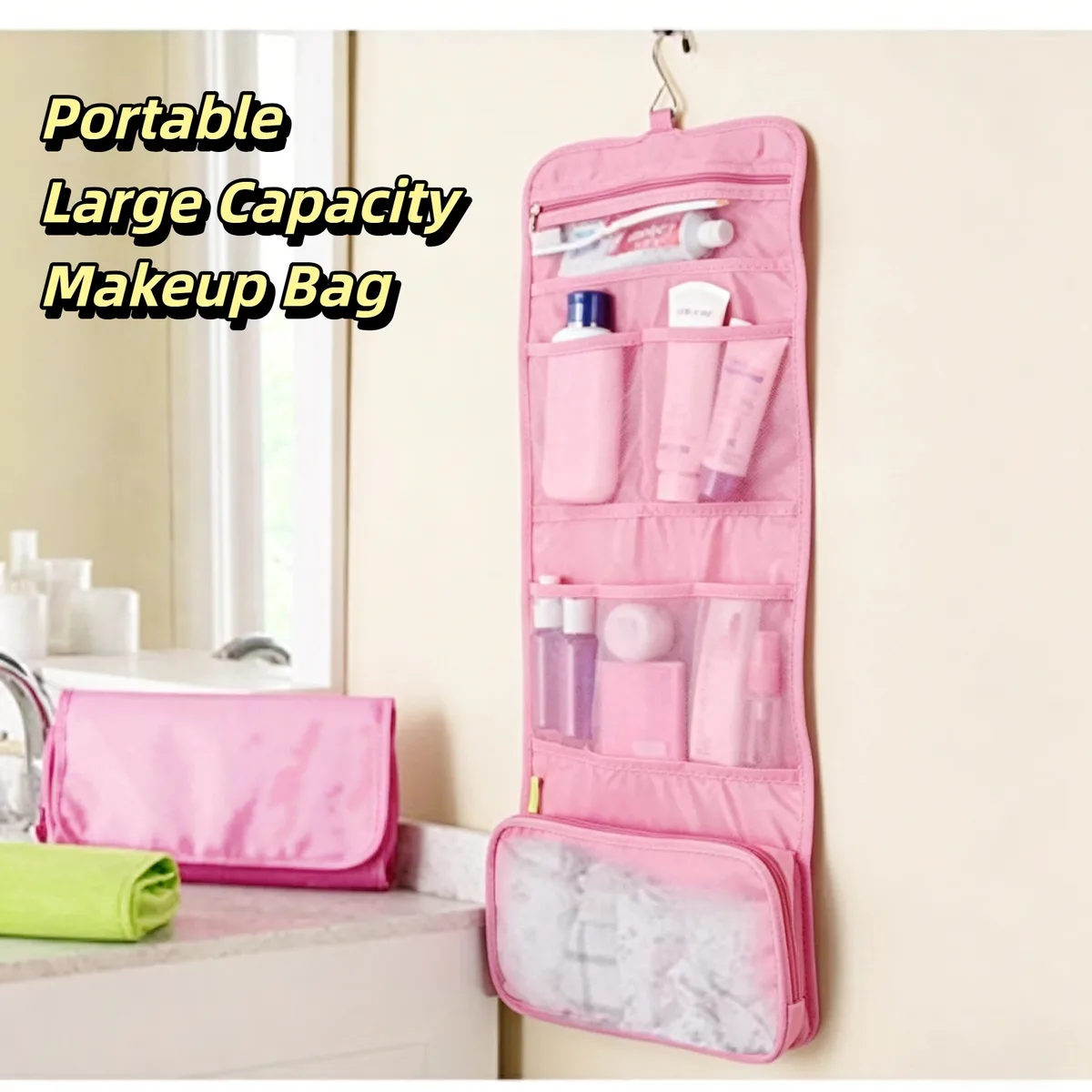 Trousse de toilette portable avec crochet de suspension, grande capacité, étui de maquillage de voyage, sac de rangement cosmétique imperméable pour femmes