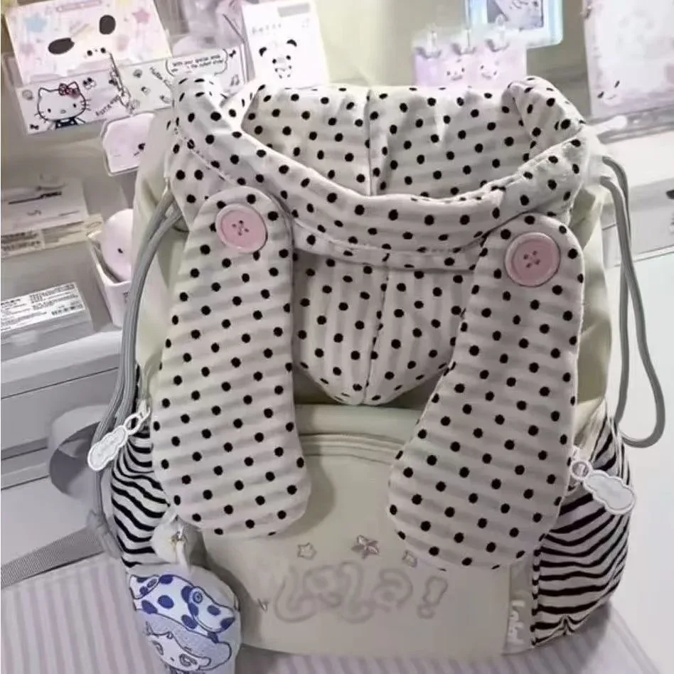 sac à dos léger de grande capacité, portable, à pois, style coréen, mignon, pour adolescentes, pour étudiantes, blanc cassé
