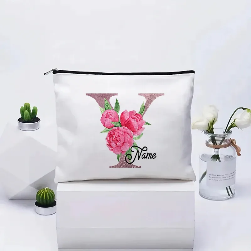 trousse de maquillage personnalisable avec prénom, cadeau de mariage, grande pochette en toile à fermeture éclair, motif floral pivoine, essentiels de voyage, maquillage