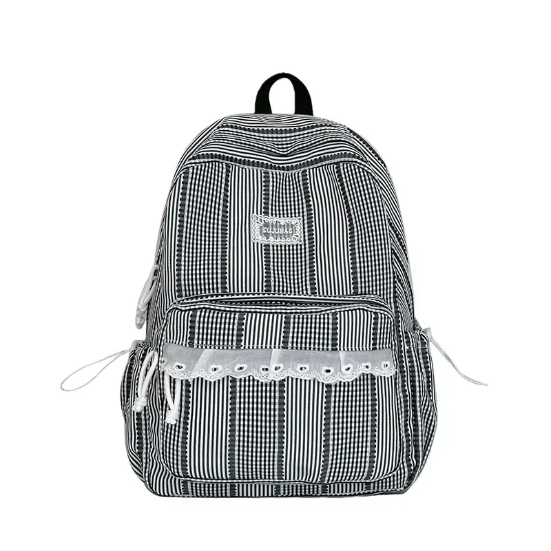 sac à dos coréen simple et esthétique en dentelle à volants, couleur unie, rayé, grande capacité, pour étudiantes, idéal pour l'école, les trajets quotidiens et les voyages