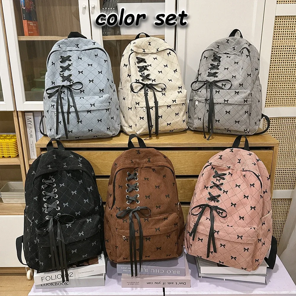 sac à dos de loisirs en velours côtelé avec nœud, grande capacité, style universitaire, pour le printemps et l'été, idéal pour les trajets quotidiens