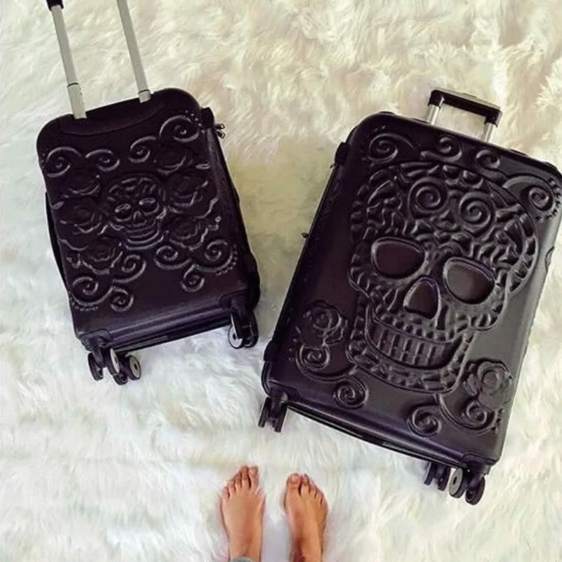 valise trolley de voyage à roulettes grande taille, style punk squelette, avec éléments pop personnalisés, verrou de douane, bagage cabine