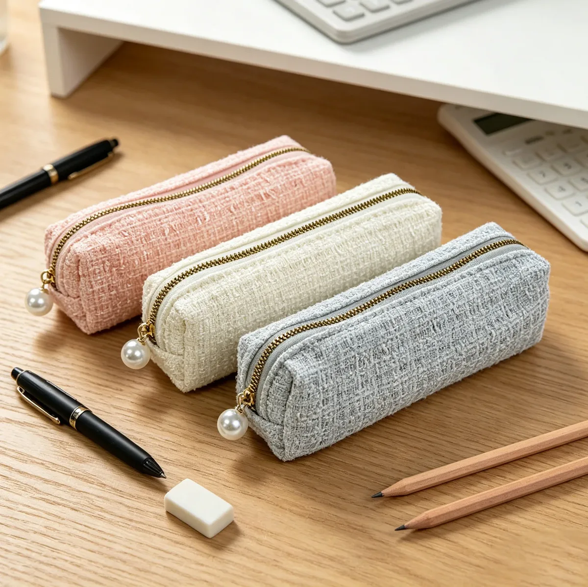 buylemo trousse de maquillage et étui à crayons en coton tweed de luxe, organisateur 2-en-1 style seau pour papeterie et maquillage, rangement minimaliste tendance