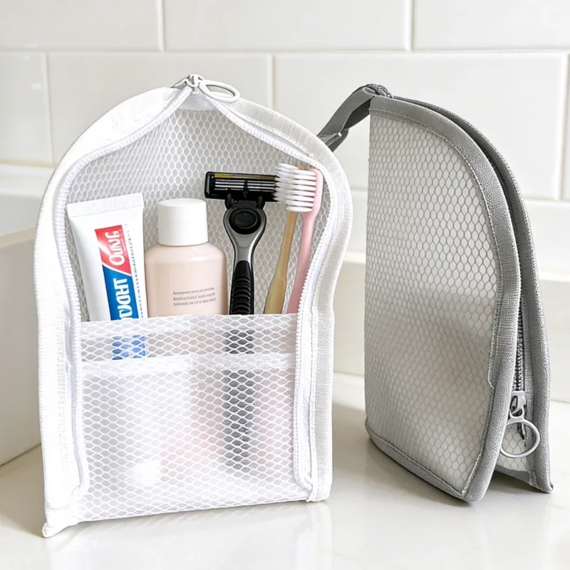 trousse de toilette de voyage imperméable, sac cosmétique en maille, boîte de rangement pour brosse à dents, sac pliable à fermeture éclair pour pinceaux de maquillage, portable