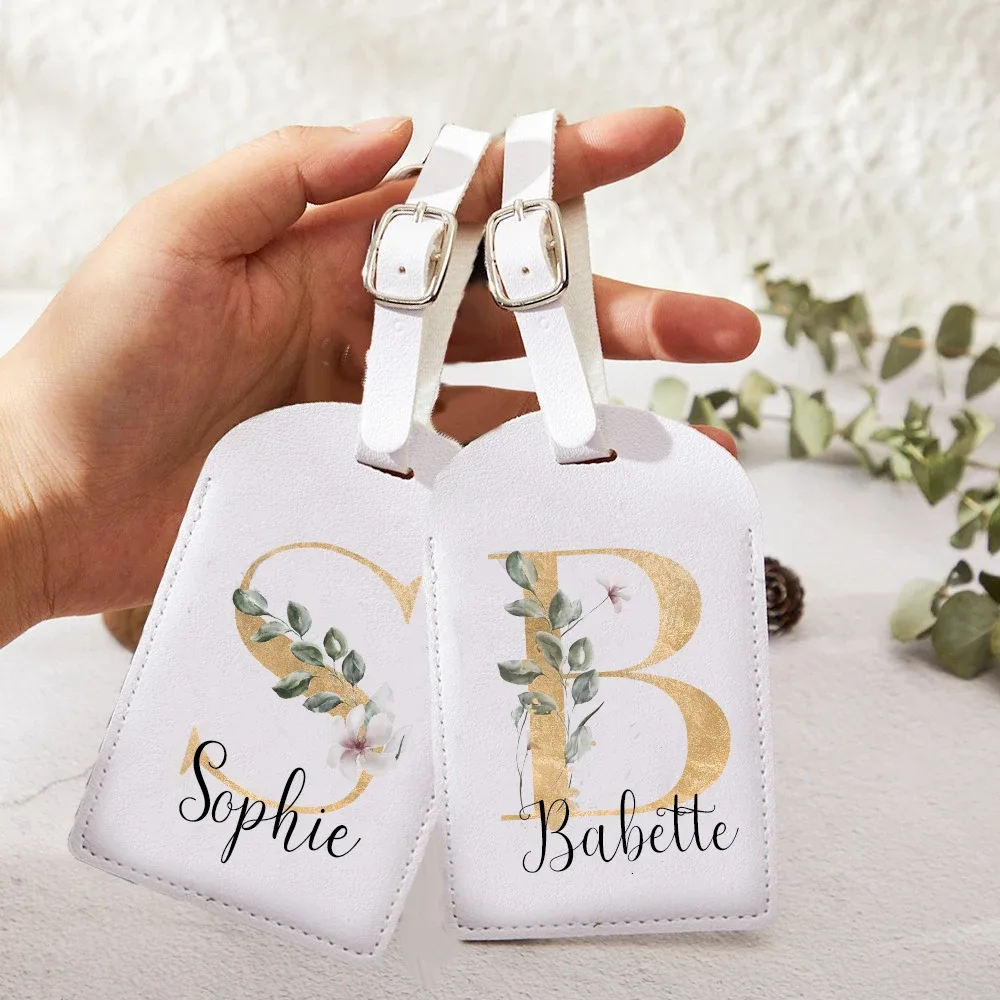 Étiquette de bagage en cuir PU personnalisée initiale avec nom étiquette d'identification de valise étiquettes de sac à bagages accessoire de voyage cadeaux de mariage