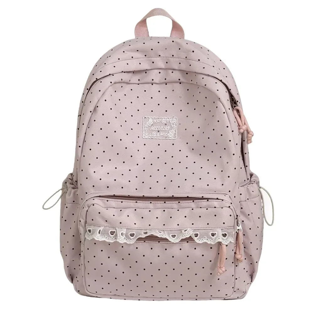 sac à dos y2k à pois, style minimaliste, grande capacité, avec bordure en dentelle, design à nœud, durable, idéal pour les étudiants, l'école et les voyages.