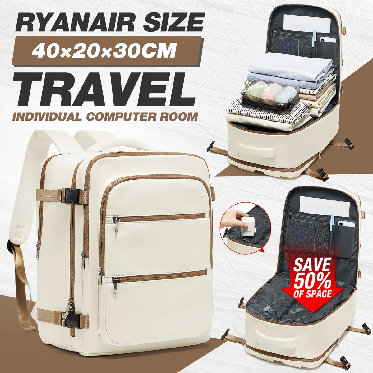 Sac à dos de voyage avec pompe, sac à dos de cabine d'avion 40x30x20, bagage à main Ryanair, sac à dos de voyage Wizzair, sacs pour ordinateur portable pour femmes et hommes