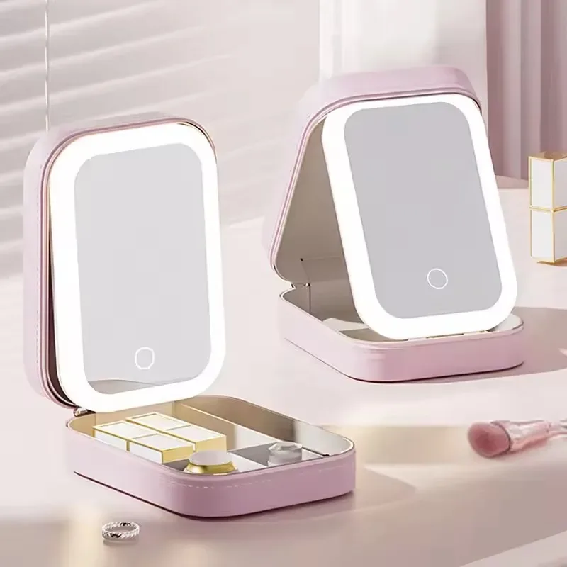 trousse de maquillage intelligente led avec miroir pour femmes, petit sac de maquillage mignon, brosse à rouge à lèvres, esthéticienne féminine, produit de soins de la peau, boîte à cosmétiques