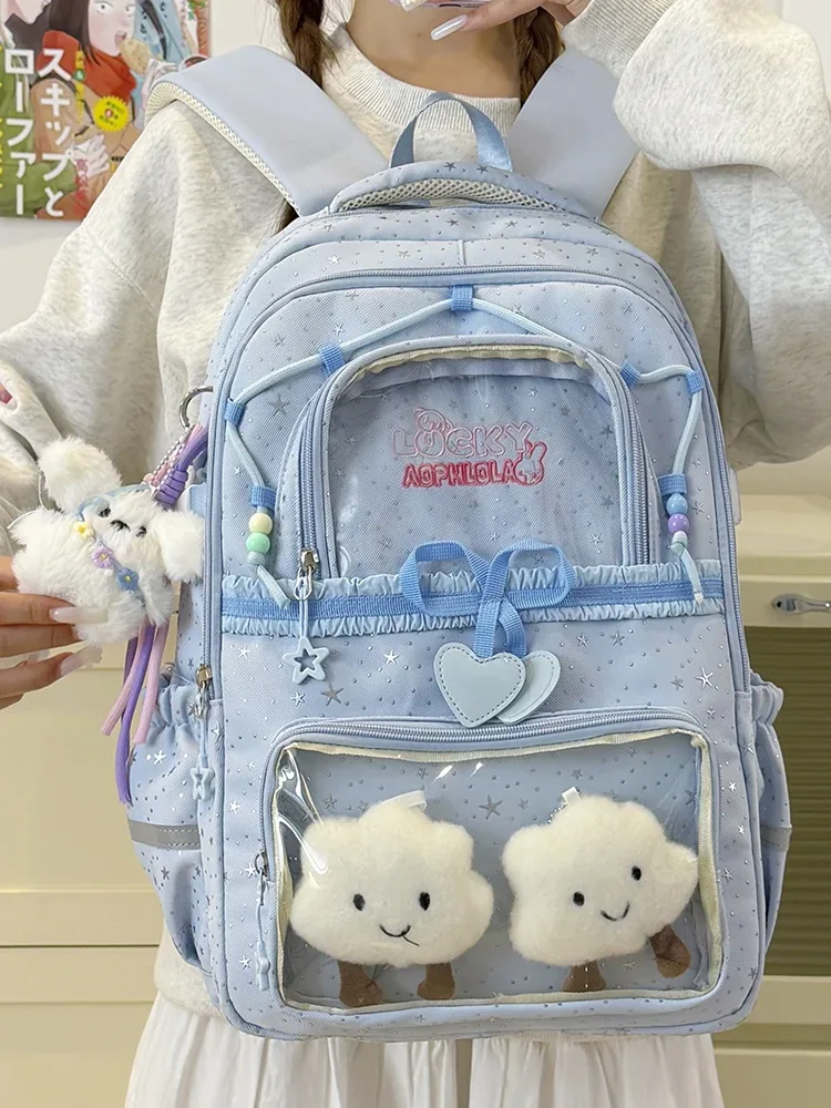 sac à dos pour femmes, sac de voyage multi-poches, joli sac d'école à rayures réfléchissantes avec nœud et étoiles pour adolescentes, sac à livres