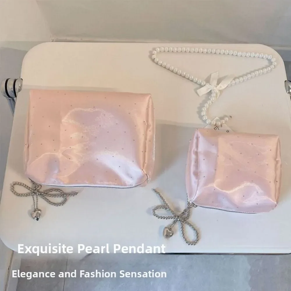 pochette de maquillage simple et luxueuse à paillettes, sac de rangement portable à fermeture éclair, sac à main perlé avec nœud et strass pour femme