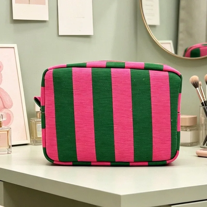 sac de maquillage rayé en forme de boîte pour femmes, sac à cosmétiques portable avec fermeture éclair, organisateur de voyage, pochette de rangement pour articles de toilette féminins
