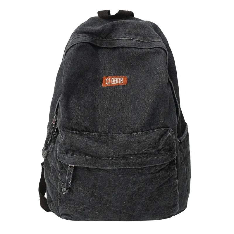 sacs à dos en toile décontractés unisexes, sacs d'école en coton, cartables en denim de grande capacité, forfaits de voyage doux pour gril, noir uni, 100%