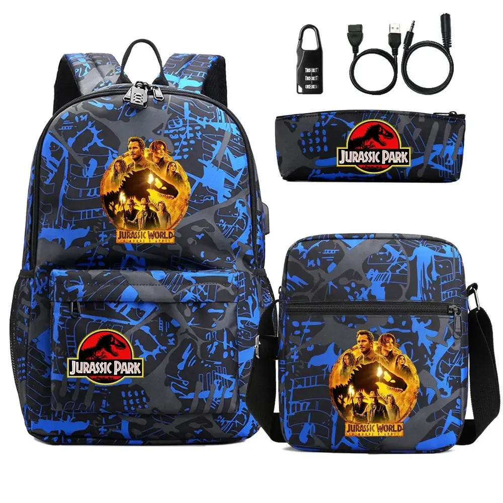 dinosaure jurassic park world 3 pièces usb antivol serrure garçon fille enfants école livre sacs voyage sac à dos sac à bandoulière stylo sac
