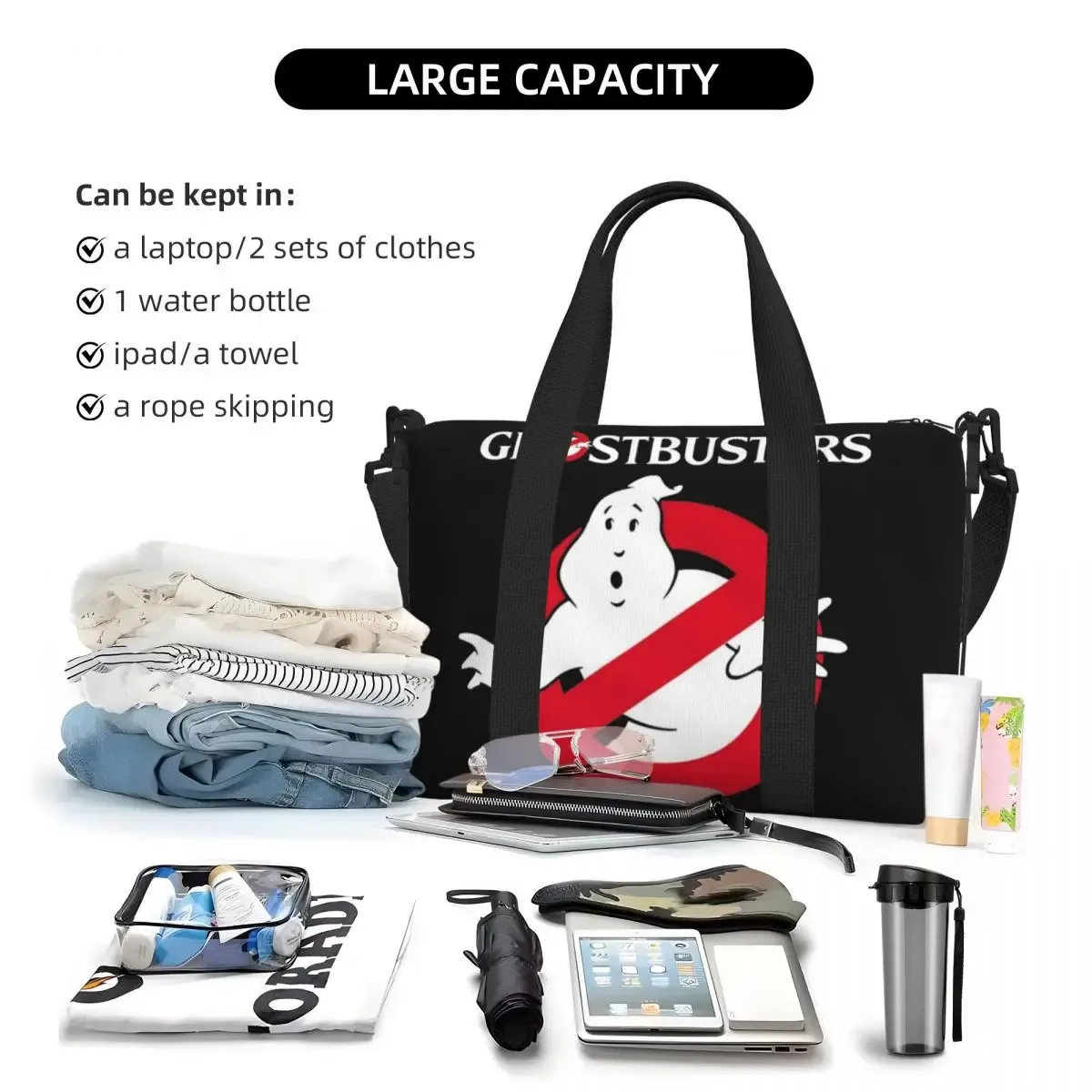 sac fourre-tout avec logo ghostbusters personnalisé pour femme, grande capacité, dessin animé, film de comédie, salle de sport, plage, sacs de voyage