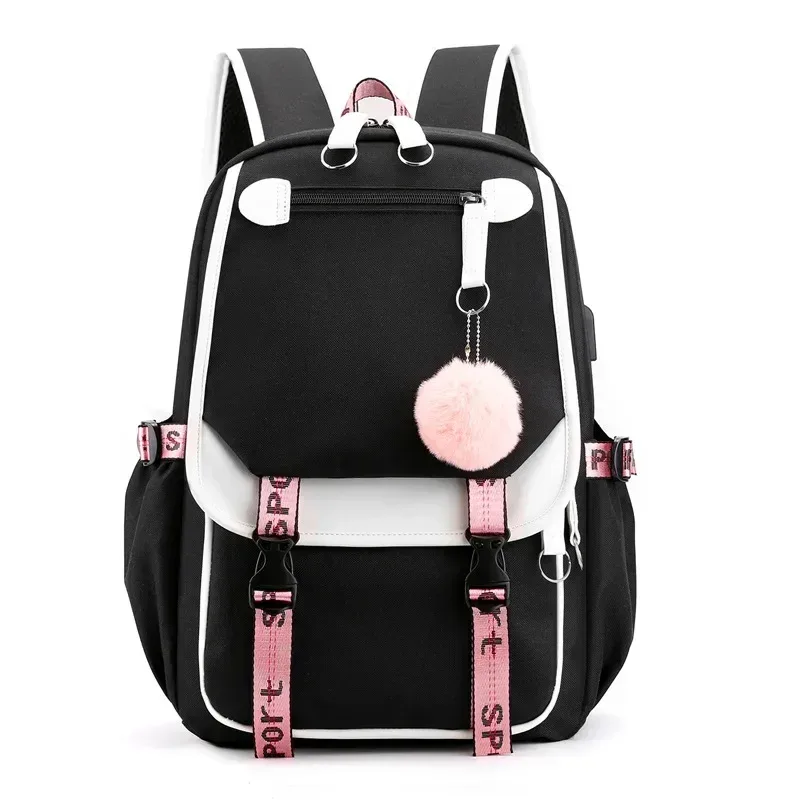 grands sacs d'école pour adolescentes, port usb, cartable en toile, sac de livre d'étudiant, mode noir rose, sac à dos d'école pour adolescents