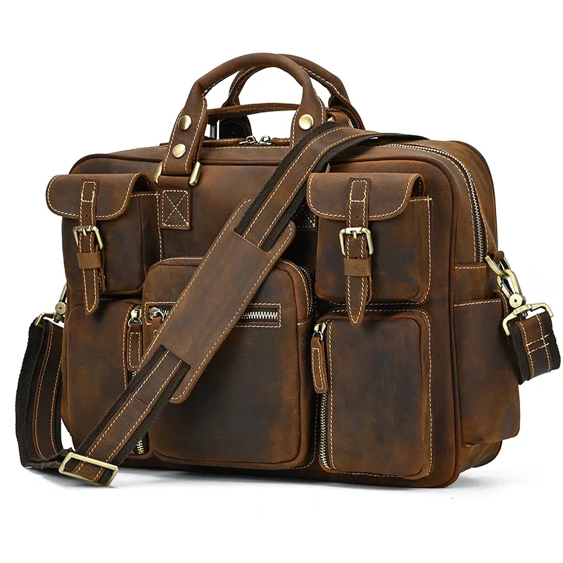 serviette vintage en cuir de cheval fou pour hommes, grand ordinateur portable, sac d'affaires en cuir véritable, fourre-tout de travail, sac de voyage, sacoche en cuir de vache