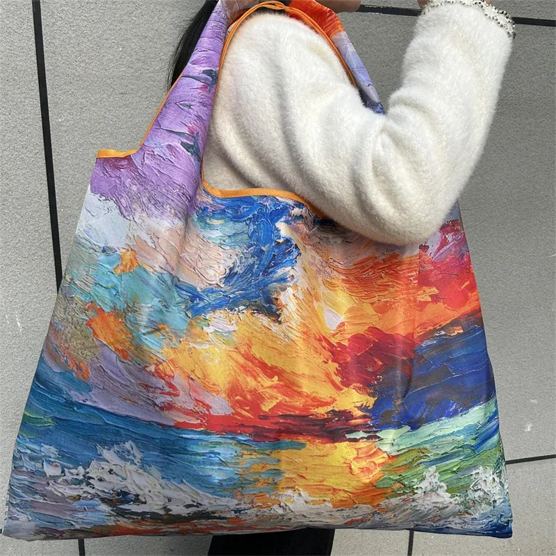 sac de courses pliable imprimé peinture à l'huile, réutilisable, grande capacité, sac fourre-tout écologique, sac de rangement portable et imperméable