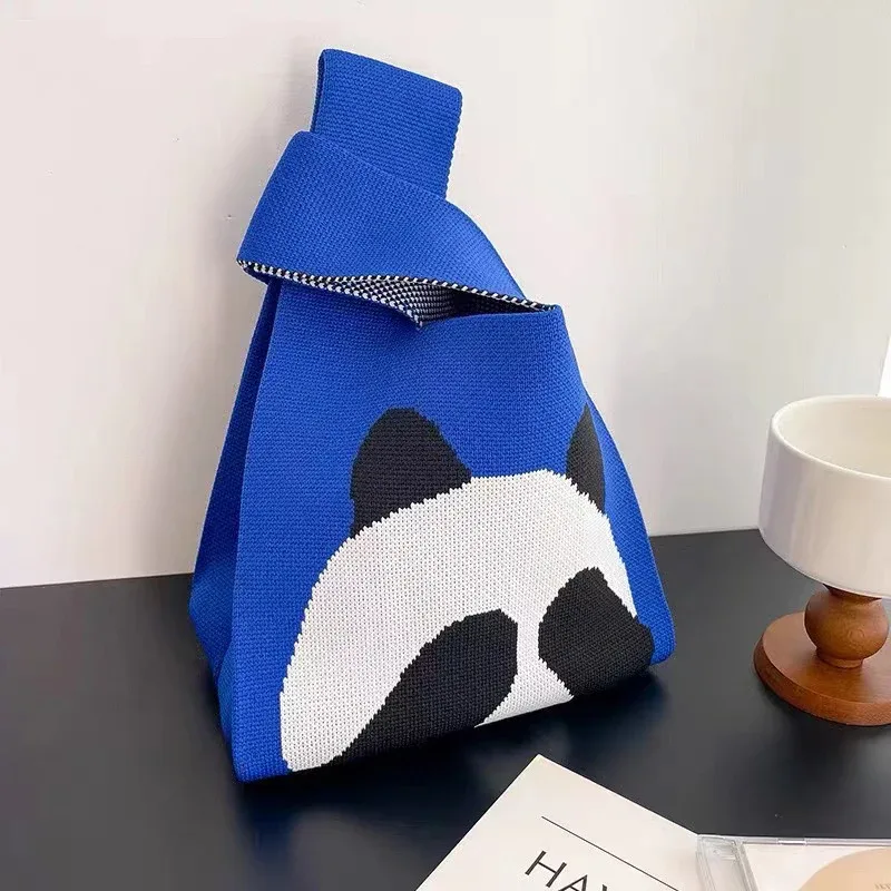 sac à main en tricot fait à la main pour femme, mini sac de poignet à nœud, sac fourre-tout à carreaux à large rayure, sacs à provisions réutilisables pour étudiants, document décontracté japonais