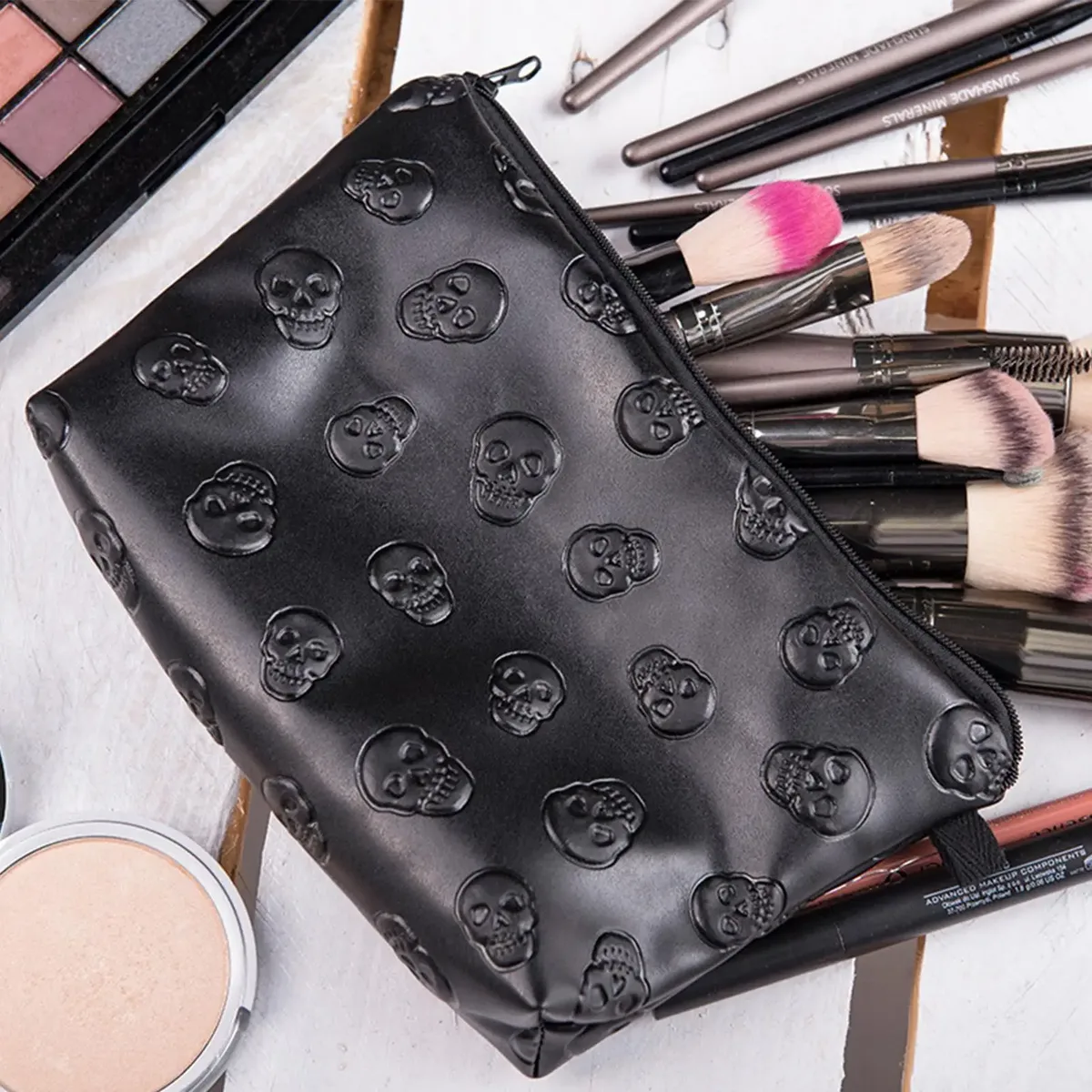 sac de voyage étanche en cuir pu motif crâne, pochette de voyage pour cosmétiques, sac de rangement à fermeture éclair pour produits de soin de la peau, sac portable noir