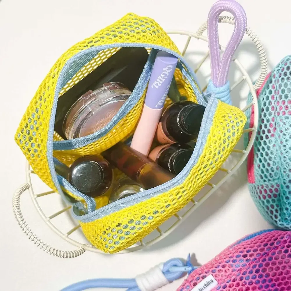 sac de rangement cosmétique carré portable avec fermeture éclair, sac de rangement polyvalent pour articles divers, sac cosmétique en maille légère et élégante