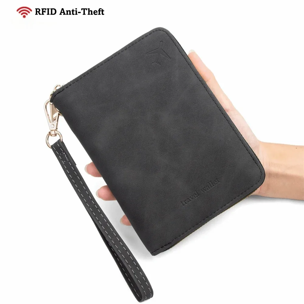 portefeuille de voyage multifonctionnel en pu avec protection rfid, couleur unie, anti-magnétique, fermeture éclair, sac de rangement pour documents, unisexe