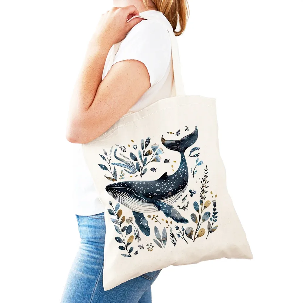 sac fourre-tout léger pour femme, motif baleine, dauphin, monde marin, sac de shopping pour fille, sac à main double impression monde des requins, sacs de shopping pour femme