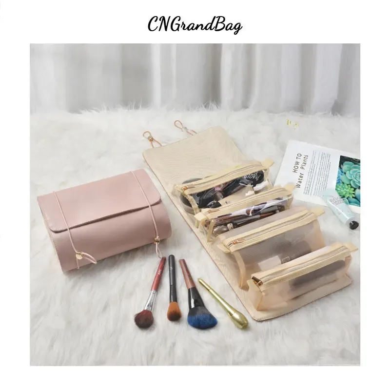 sac à cosmétiques en cuir pu avec lettres personnalisées, sac de rangement pour pinceaux de maquillage de voyage, sac de lavage quatre en un détachable, pratique à la mode